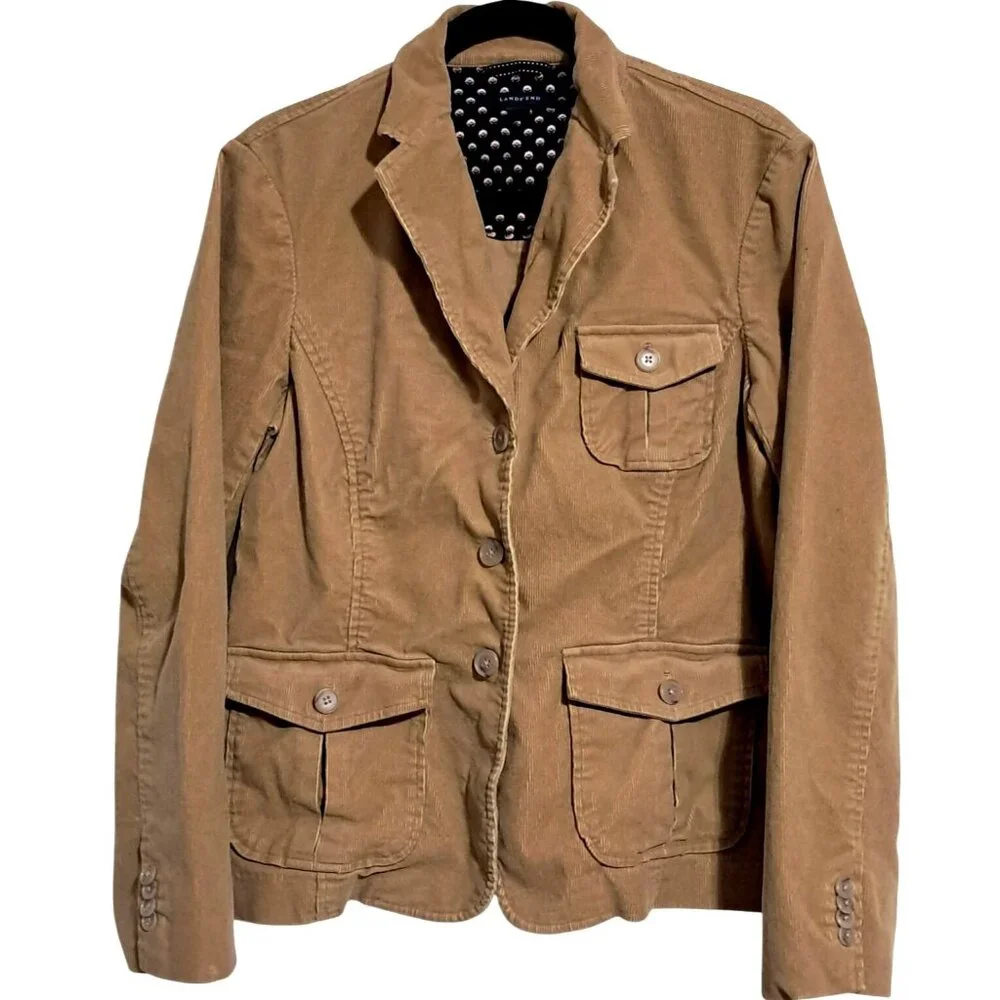 Y2K Lands End Corduroy Blazer Womens Size 12 Tan Jacket - Picture 1 of 13